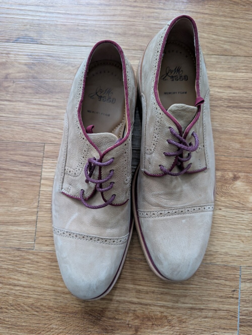 Men's Tan Suede Lace-Up Oxfords with Burgundy Accents